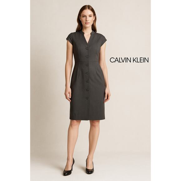 Calvin Klein Gray Cap Sleeve Sheath Dress 6 Tailored Work Office Chic Executive - Picture 2 of 12